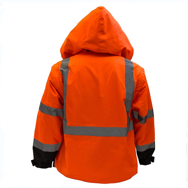 Fluo orange multi pockets adjustable hood black bottom safety jacket