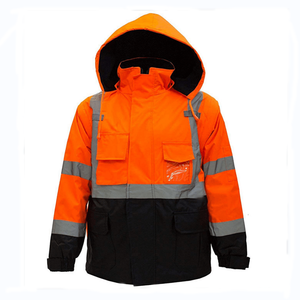 Fluo orange multi pockets adjustable hood black bottom safety jacket